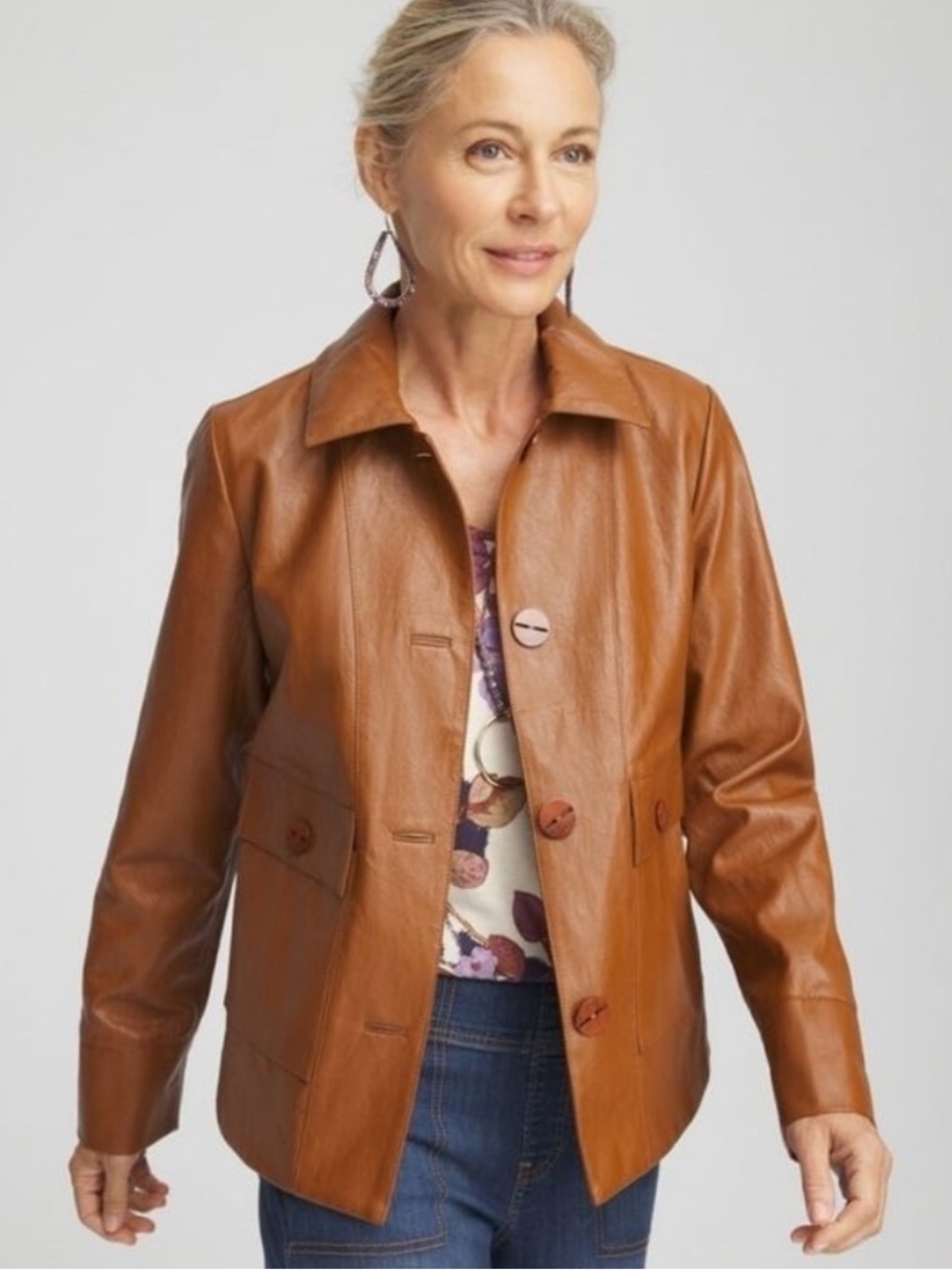 Chico’s Women’s Faux Leather Cropped Jacket in Cinnamon Stick in a Size 2/Large